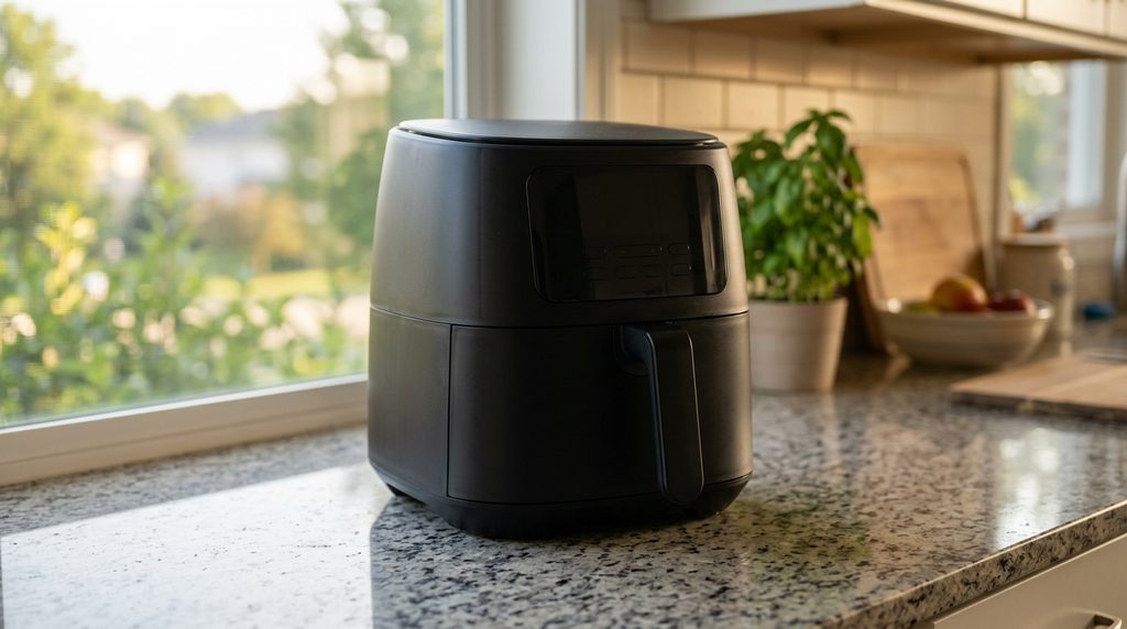 Air fryer preta fechada sobre uma bancada de granito, com display digital apagado.