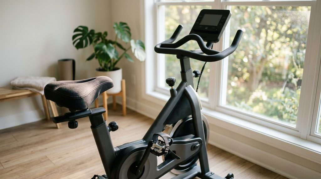 Bicicleta ergométrica moderna com banco acolchoado e visor digital em um canto de casa iluminado.