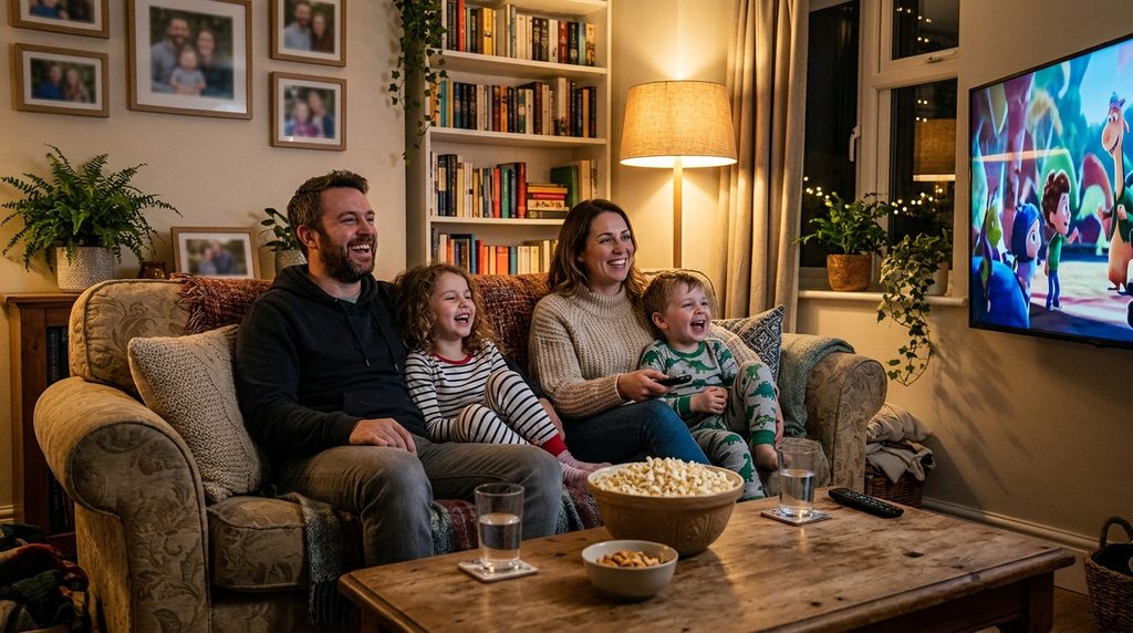 Família de quatro pessoas no sofá assistindo a um filme animado em uma TV de 55 polegadas.