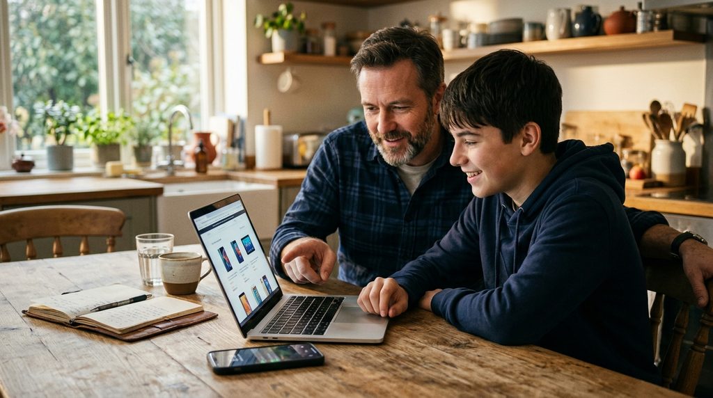 Pai e filho adolescente à mesa da cozinha comparando opções de notebook na tela.