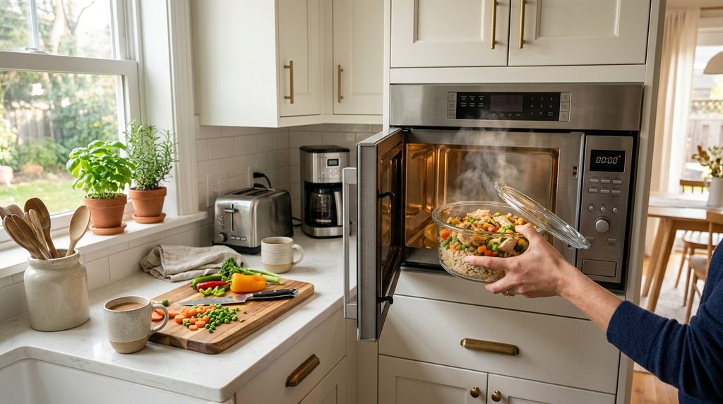 Mão colocando um recipiente redondo de vidro com arroz e legumes dentro de um micro-ondas aberto.