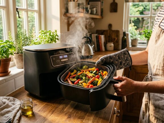 Mãos retirando o cesto removível de uma air fryer com legumes assados e vapor subindo.
