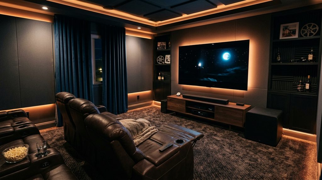 Sala de cinema em casa com TV de 65 polegadas na parede, soundbar, subwoofer e cortinas blackout.