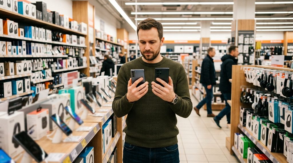 Homem em uma loja de eletrônicos comparando as telas de dois smartphones.