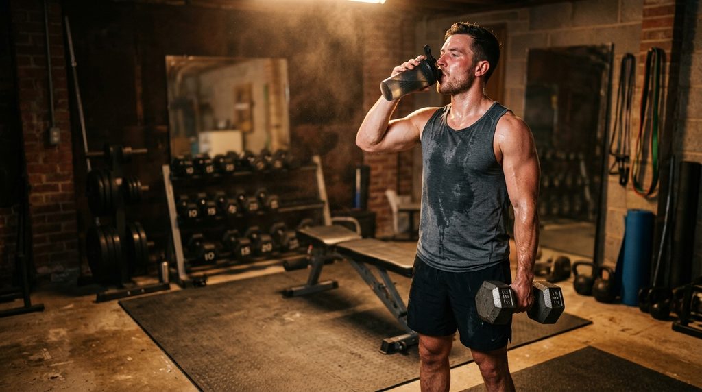 Homem em uma academia em casa bebendo de um shaker após uma série de rosca com halteres.