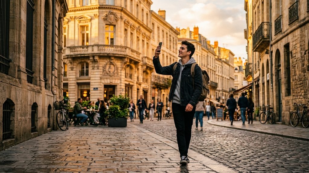Jovem andando em uma rua da cidade fotografando um prédio com o smartphone.
