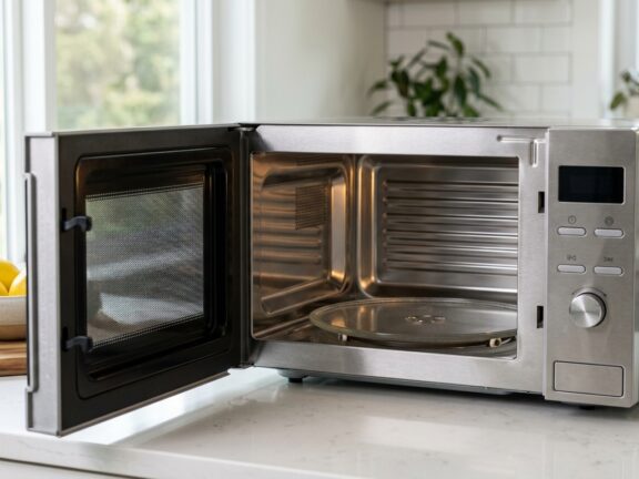 Micro-ondas de inox com a porta aberta sobre uma bancada de cozinha, mostrando o prato giratório de vidro.