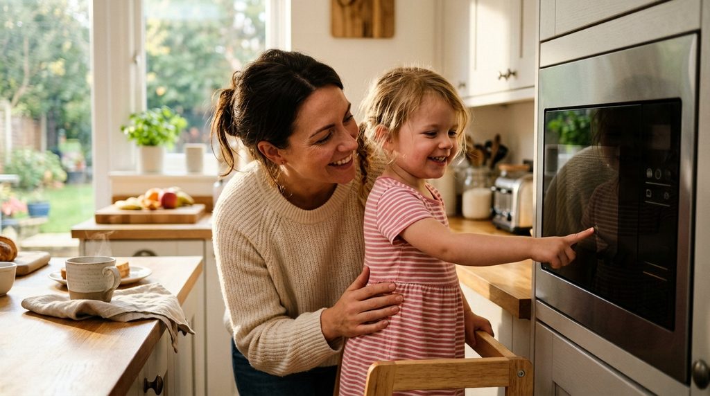Mãe observando a filha pequena apertar um botão do painel de um micro-ondas em uma cozinha clara.