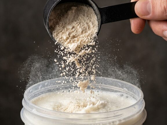 Whey protein em pó caindo de um medidor dentro de um shaker com leite, em close.