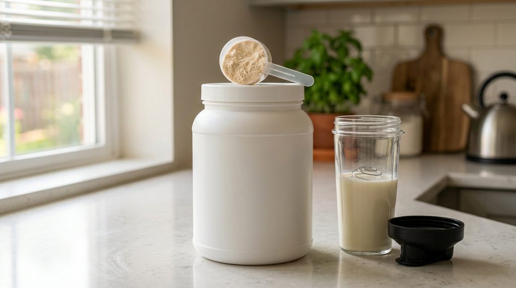 Pote branco de whey protein em pó com medidor sobre bancada de cozinha, ao lado de um shaker com leite.