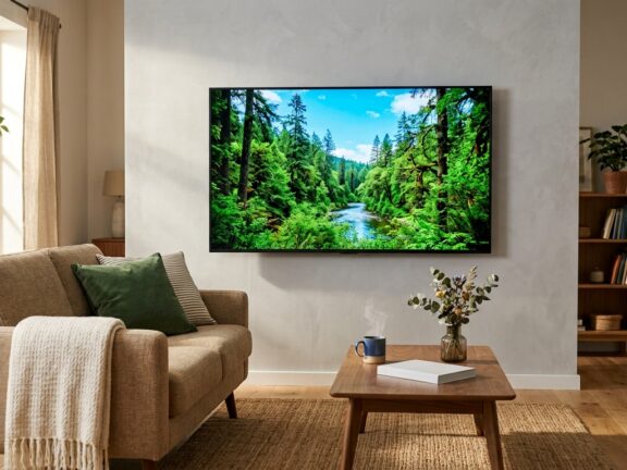 Smart TV de 55 polegadas fixada na parede de uma sala com paisagem de floresta na tela.