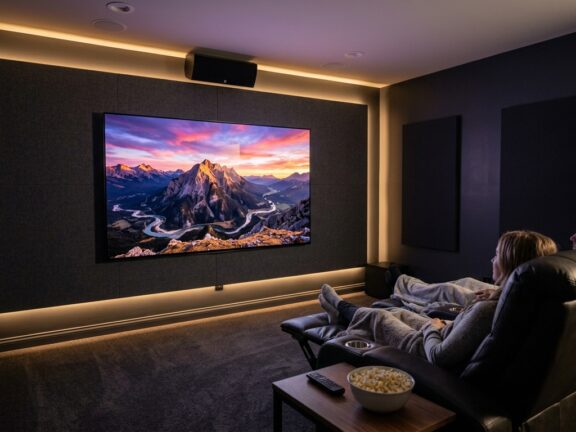 Casal sob uma manta em um sofá reclinável iluminado pela tela de uma TV de 65 polegadas.