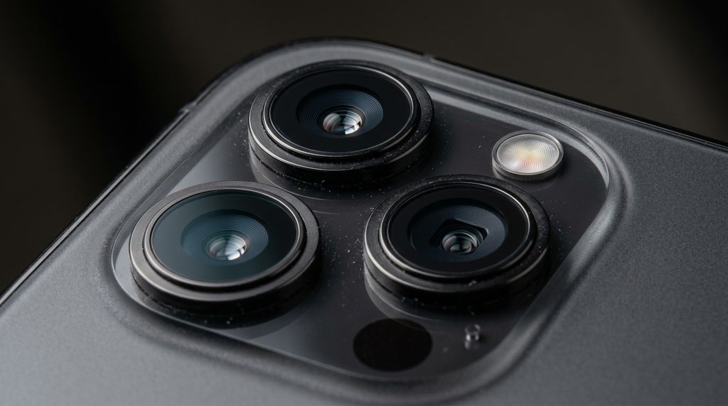 Detalhe do módulo de câmera traseira de um smartphone com várias lentes.