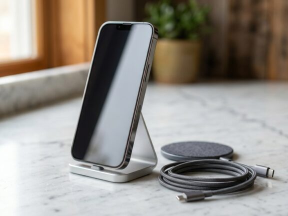 Smartphone em pé em um suporte ao lado de um cabo enrolado e uma base de carregamento sem fio.