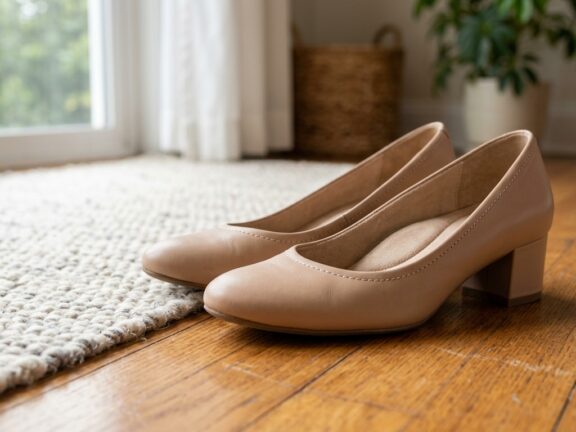 Par de sapatos femininos de salto baixo em tom nude sobre o piso de madeira ao lado de um tapete macio.