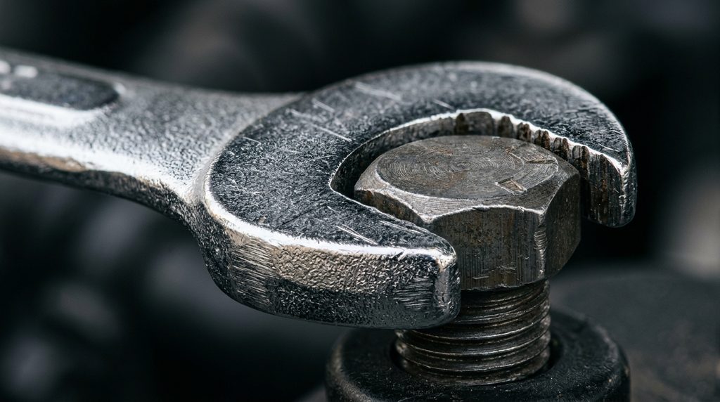 Detalhe da boca de uma chave cromada apertando a cabeça sextavada de um parafuso.