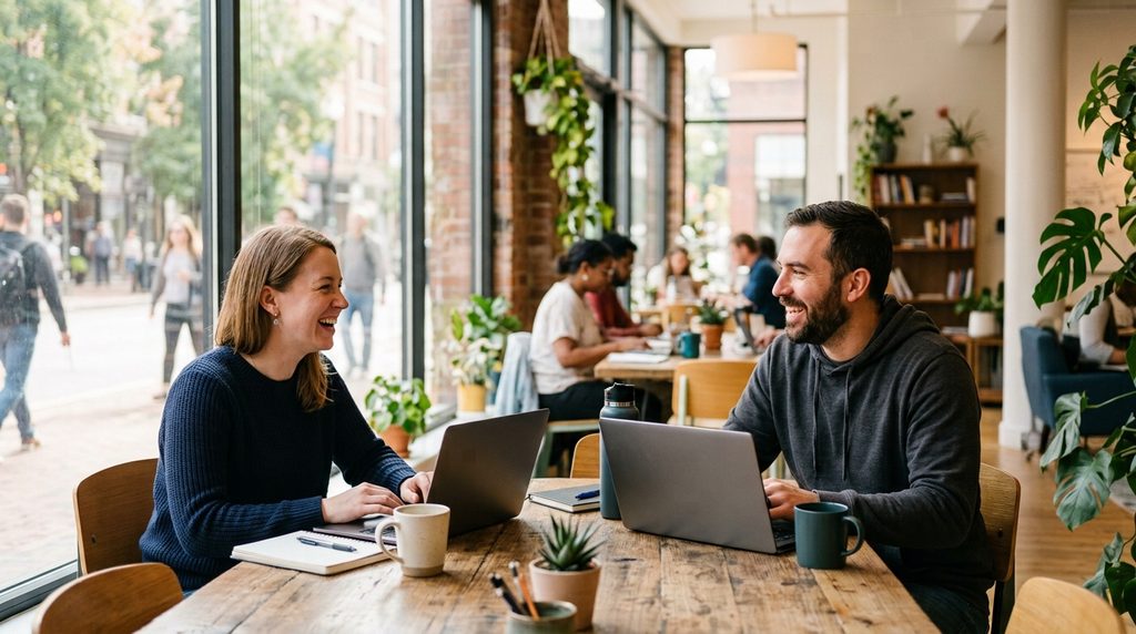 Dois colegas trabalhando em notebooks em uma mesa de coworking iluminada por janelas grandes.