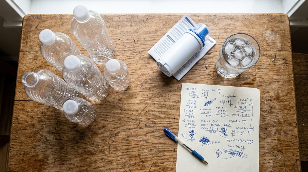 Garrafas plásticas vazias, um refil novo, um copo de água com gelo e um papel com contas sobre uma mesa de madeira.