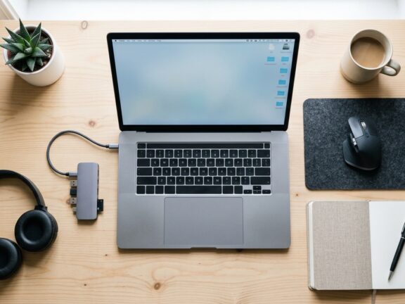 Notebook prateado aberto sobre uma mesa de madeira, com portas USB-C e HDMI visíveis na lateral e uma xícara de café ao lado.