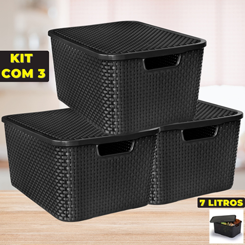 Kit Com 3 Cesto Caixa Organizadora Rattan Com Tampa 7 Litros Preto