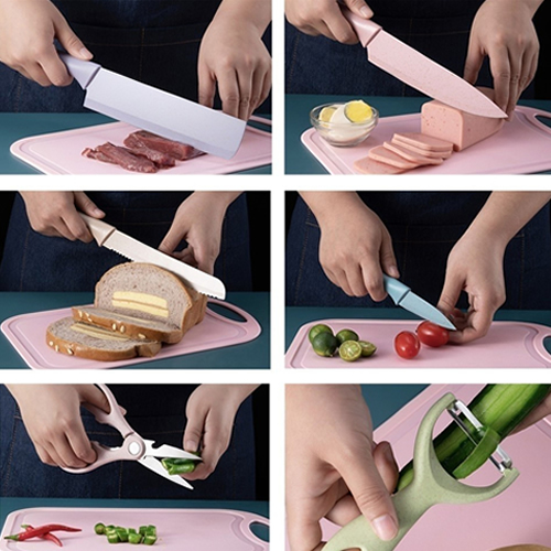Kit de Conjunto Facas Coloridas/Pretos Tesoura Descascador Cozinha Gourmet 6 Peças