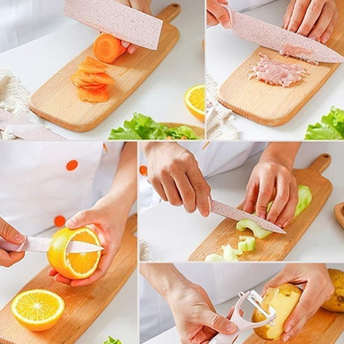 Kit de Conjunto Facas Coloridas/Pretos Tesoura Descascador Cozinha Gourmet 6 Peças