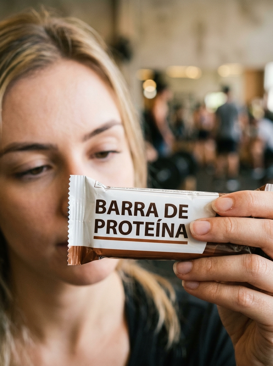 Pessoa conferindo o rótulo de uma barra de proteína