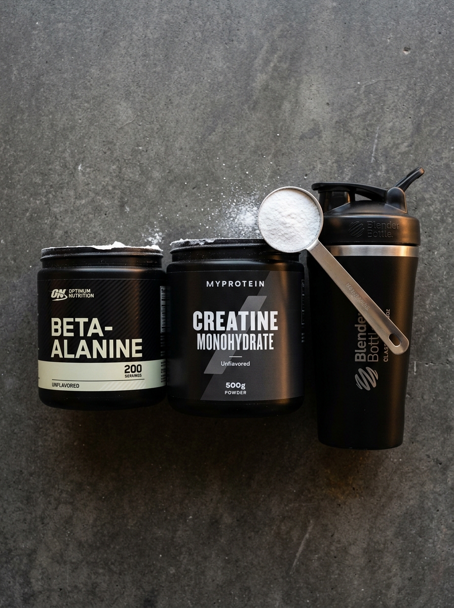 Beta-alanina, creatina e shaker sobre a bancada