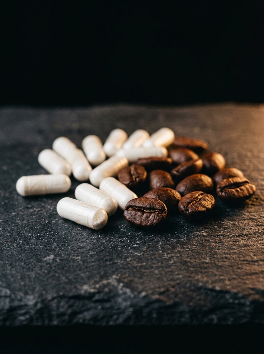 Cápsulas de cafeína sobre superfície escura