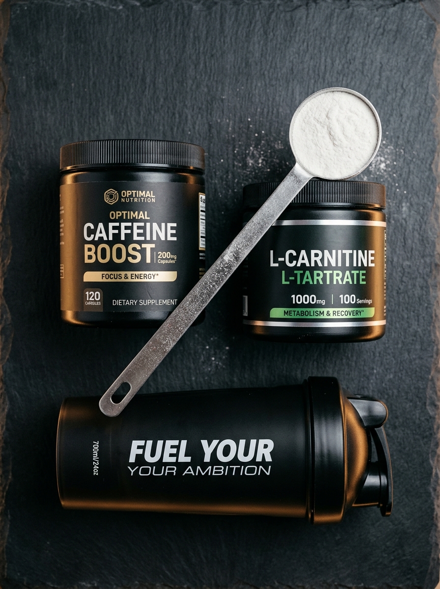 Cafeína, creatina e shaker sobre a bancada