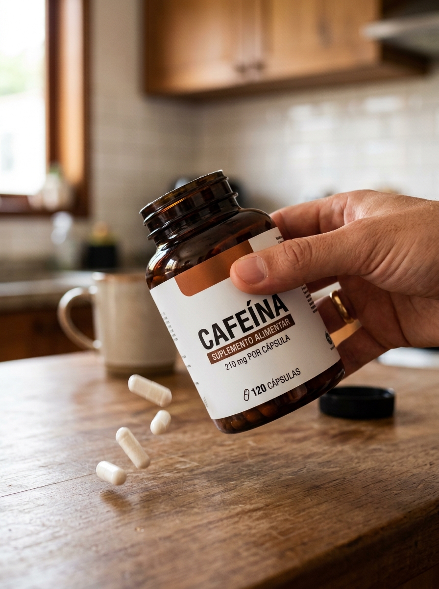 Pessoa conferindo o rótulo de um suplemento de cafeína