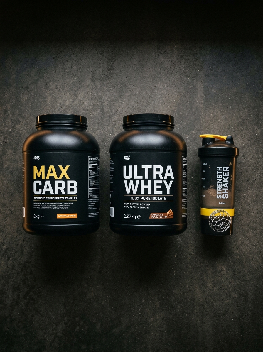 Carboidrato, whey protein e shaker sobre a bancada