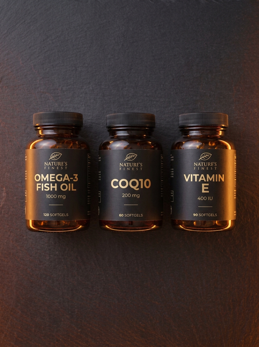 Coenzima Q10, ômega 3 e multivitamínico sobre a bancada