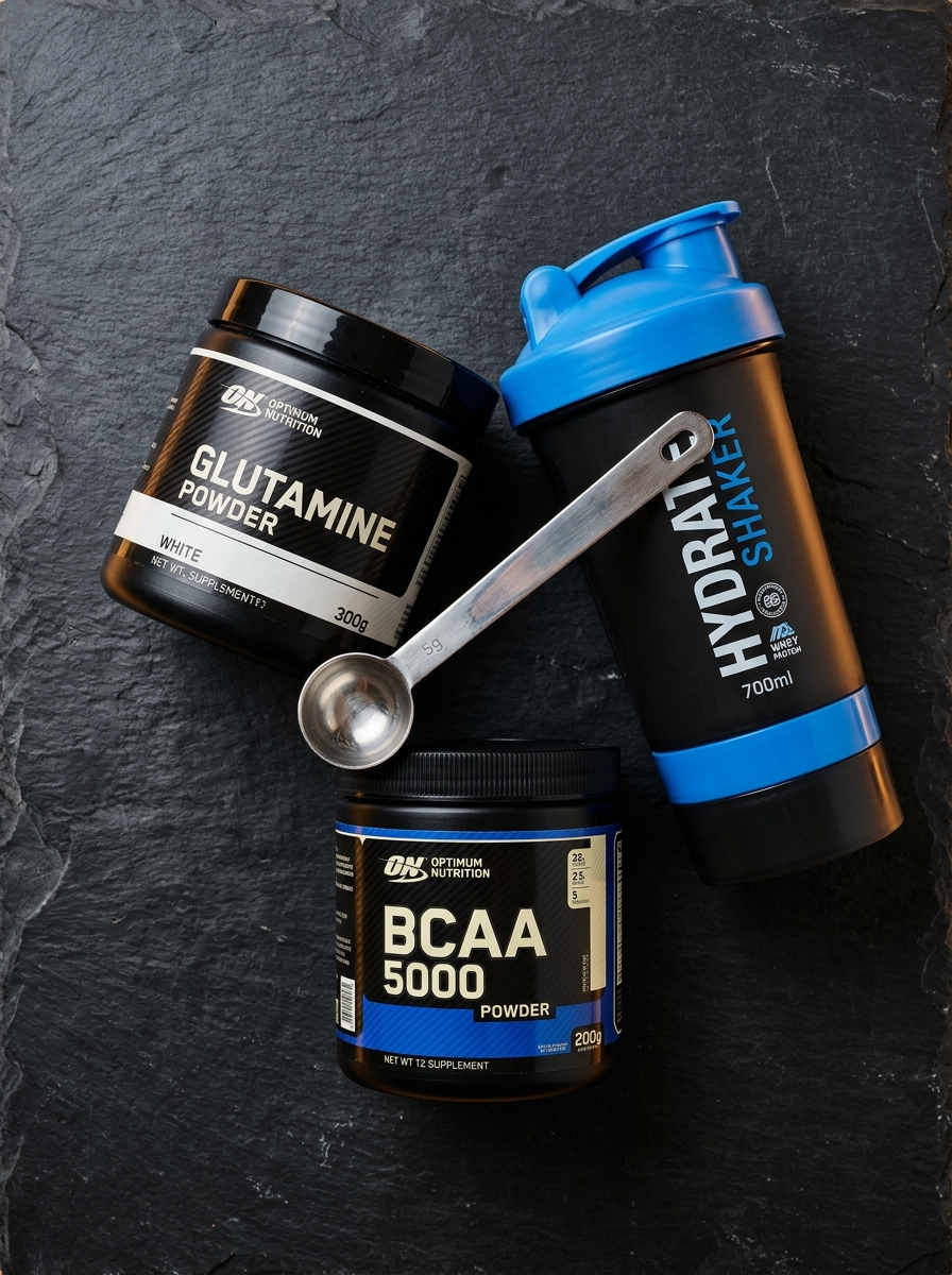 Glutamina, whey protein e shaker sobre a bancada