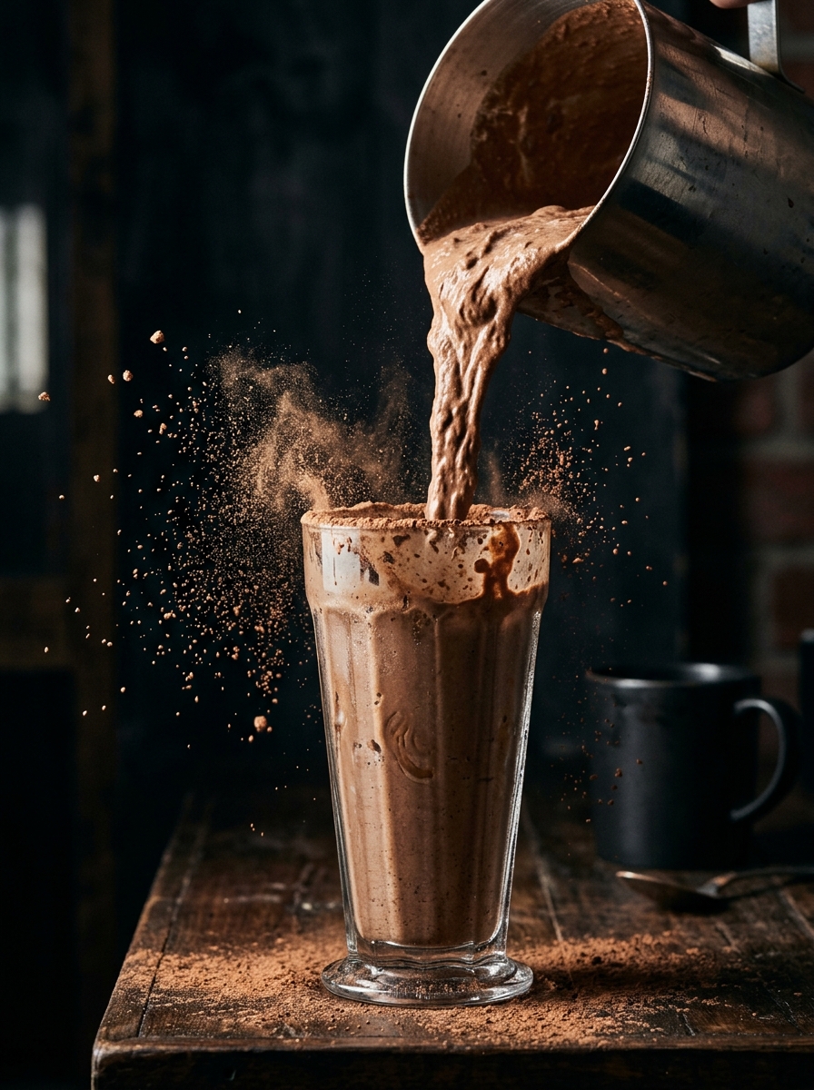 Shake hipercalórico sobre superfície escura