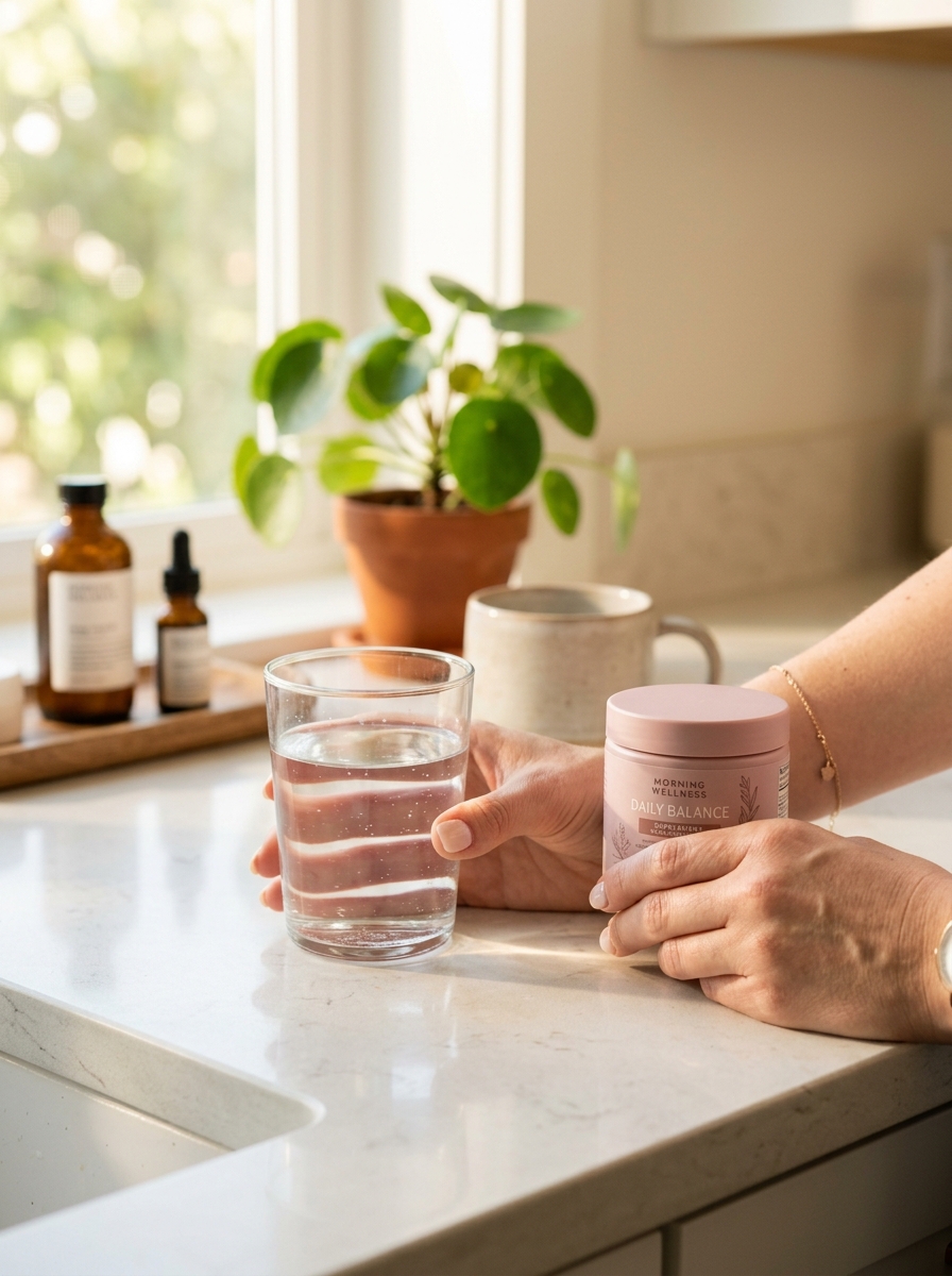 Mulher tomando multivitamínico na rotina diária