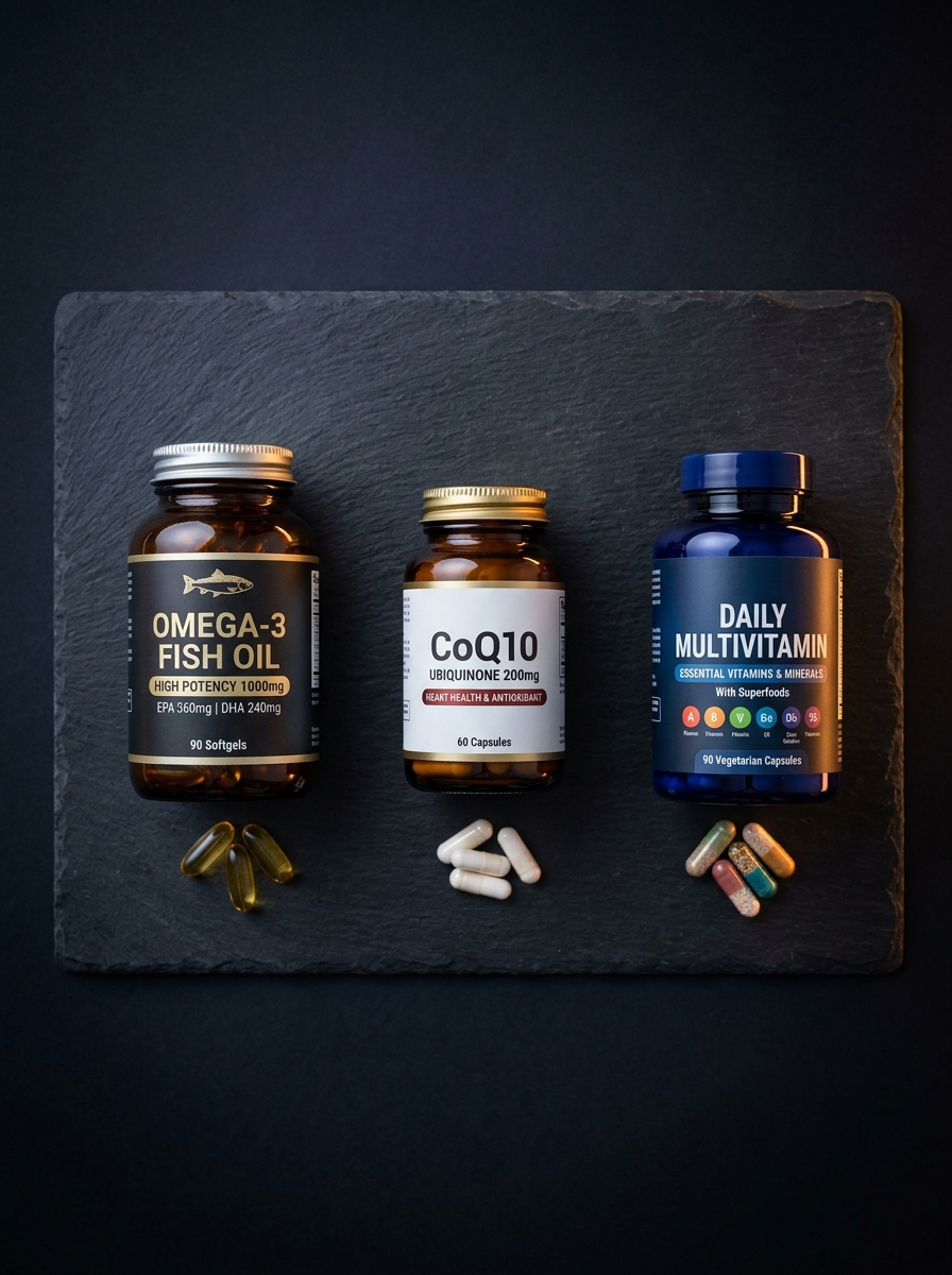Ômega 3, multivitamínico e shaker sobre a bancada
