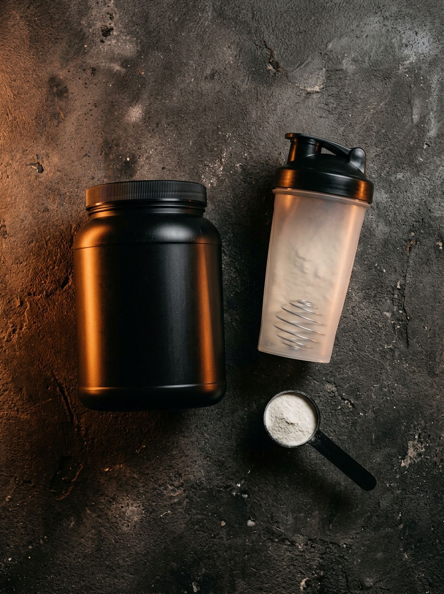 Pré-treino, creatina e shaker sobre a bancada