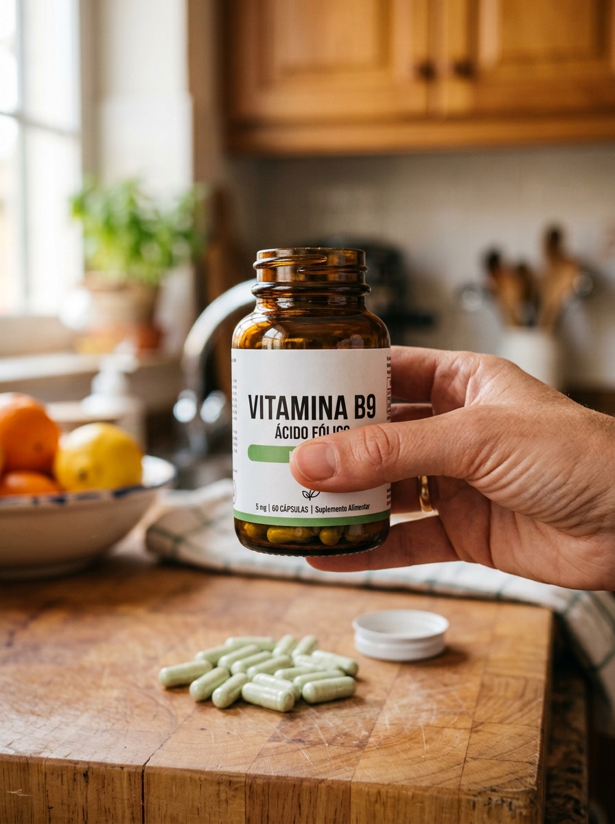 Leitura do rótulo de vitamina B9 ácido fólico