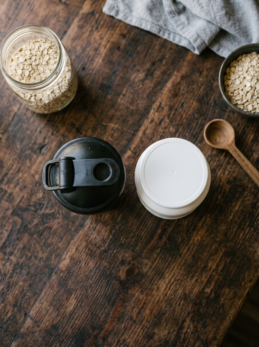 Whey concentrado, creatina e shaker sobre a bancada