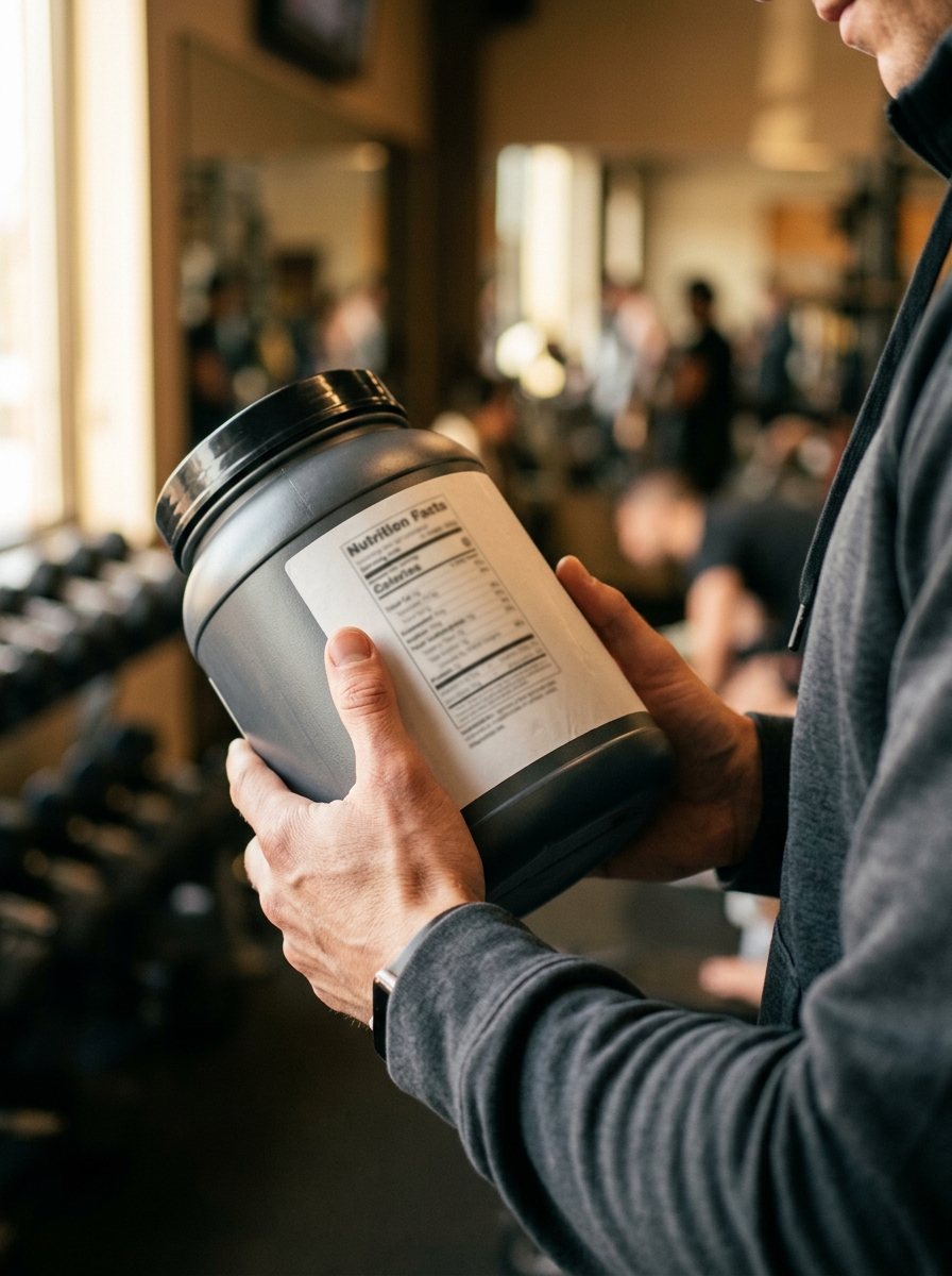 Pessoa lendo o rótulo de um pote de whey protein