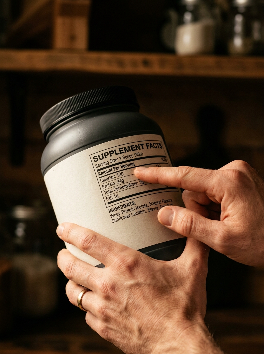 Pessoa conferindo o rótulo de um whey protein isolado