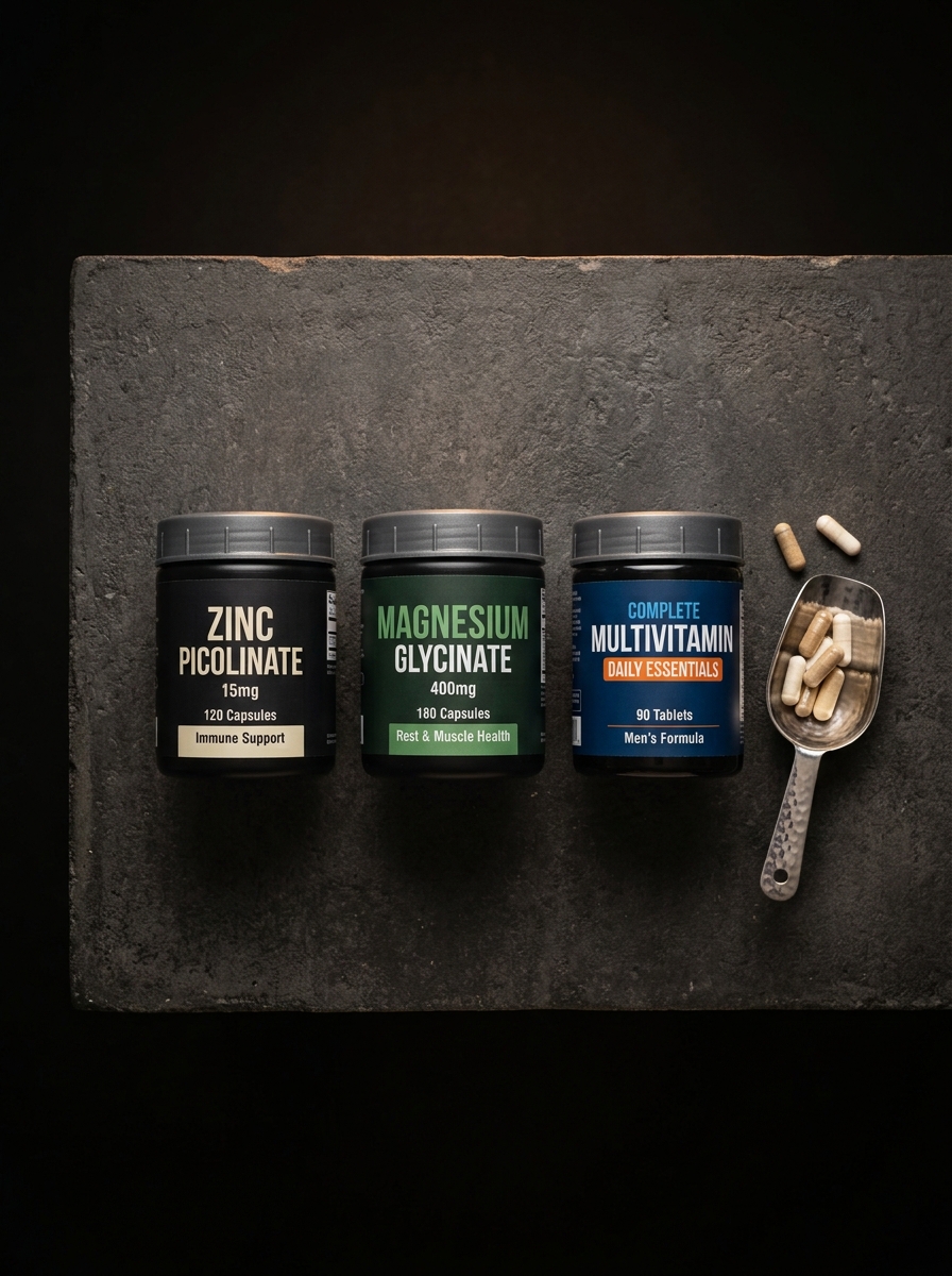 Zinco, magnésio e multivitamínico sobre a bancada