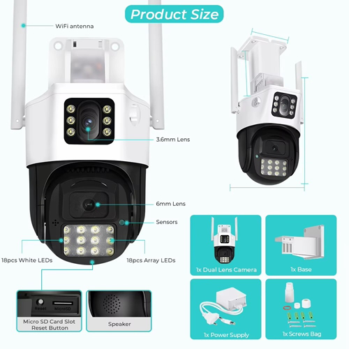 Câmera De Segurança Lente Dupla APP ICSEE IP66 WiFi 360 Sensor Visão Noturna Externa Sirene Policial