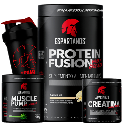 Kit Whey Protein Isolado Fusion + Pré Treino Muscle Pump + Creatina Pura + Shaker - Fitness Massa